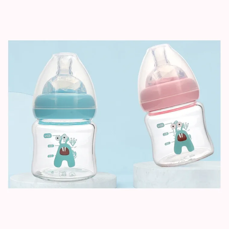 90mL wideneckglass care bottle, listed in pink, blue