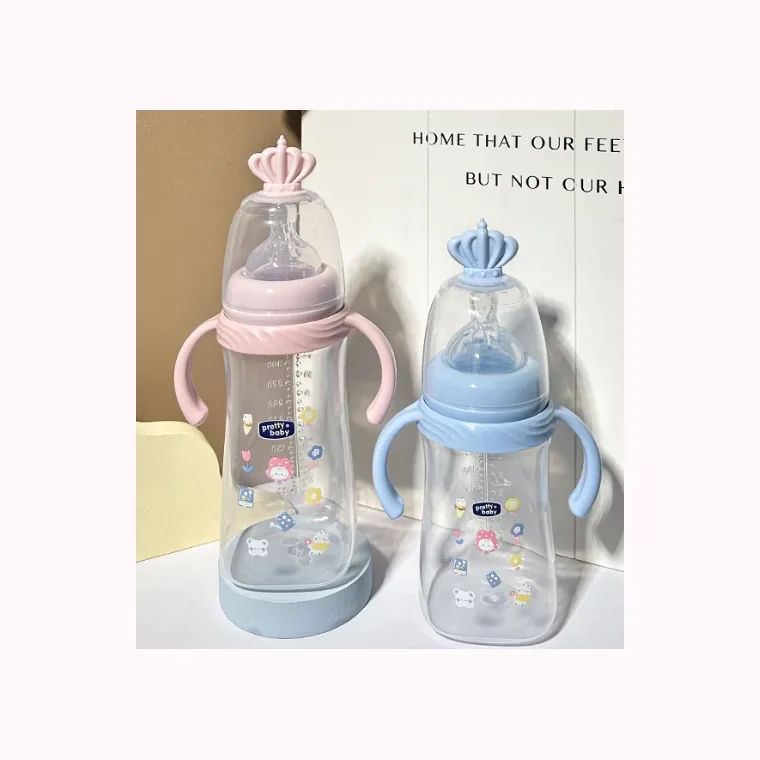 330ml anti-colic PP wide mouth baby bottle with handle, listed in pink, blue