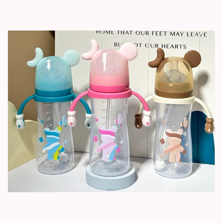 300 mL Mickey PP baby bottle with wide mouth, listed in pink, blue, khaki