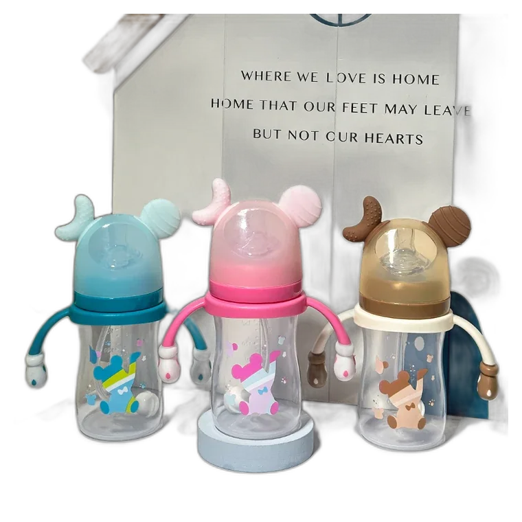 150 mL Mickey PP baby bottle with wide mouth, listed in pink, blue, khaki