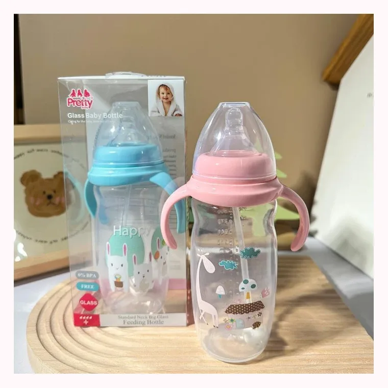 330mL anti-colic wide neck PP large bottle with handle, listed in Pink,  Blue