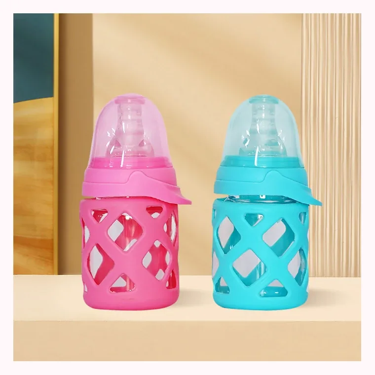60ml standard neck rhomboid lattice silicone cover glass nursing bottle, listed in Pink,blue