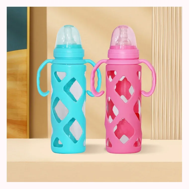 240ml baby bottle with rhomboid lattice silicone cover and glass handle, listed in Pink,blue