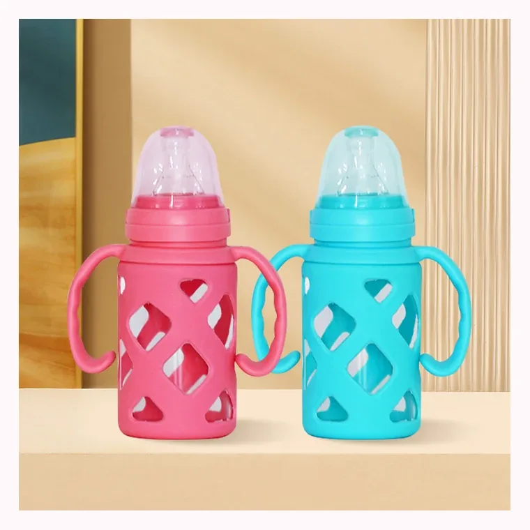 120ml baby bottle with diamond lattice silicone cover and glass handle, listed in Pink,blue