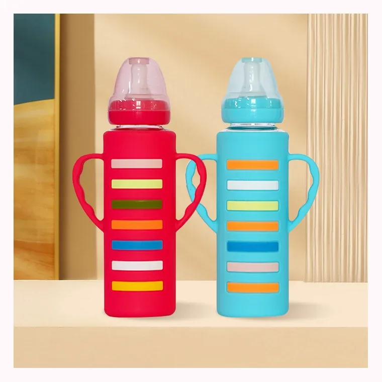 240ml standard neck trapezoidal silicone cover glass with handle large baby bottle, listed in Pink,blue
