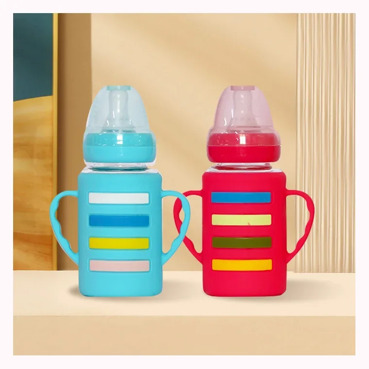 120ml trapezoidal silicone bottle with glass handle, listed in Red,blue