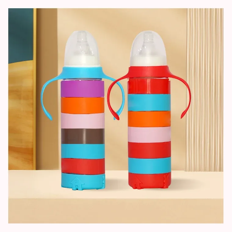240ml standard neck rainbow silicone set glass with handle large baby bottle, listed in Red,blue