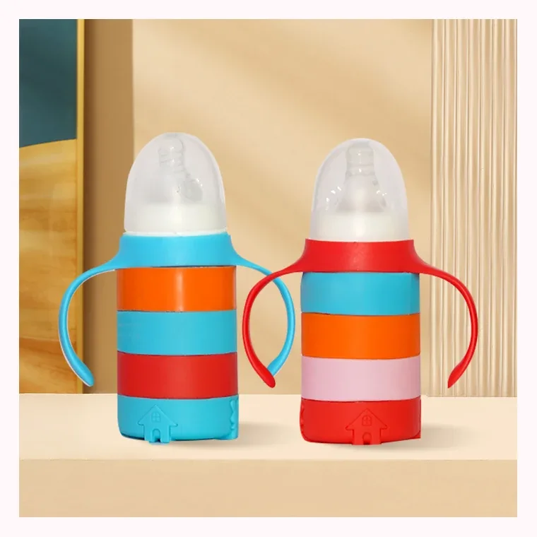 120ml baby bottle with rainbow silica gel and glass handle, listed in Red,blue