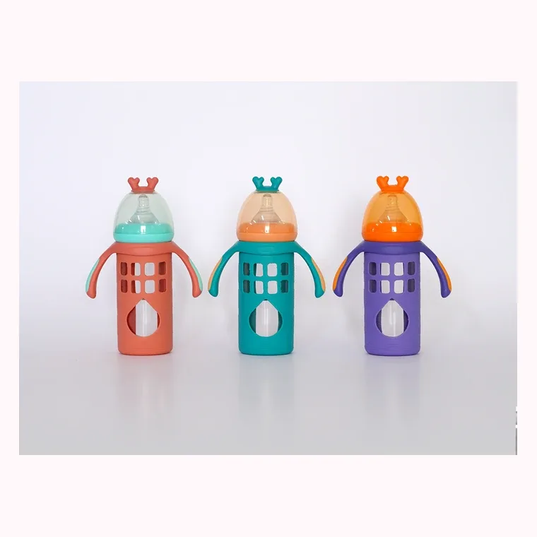 240ml house silicone set glass large baby bottle with handle, listed in Red,  Blue,  Purple