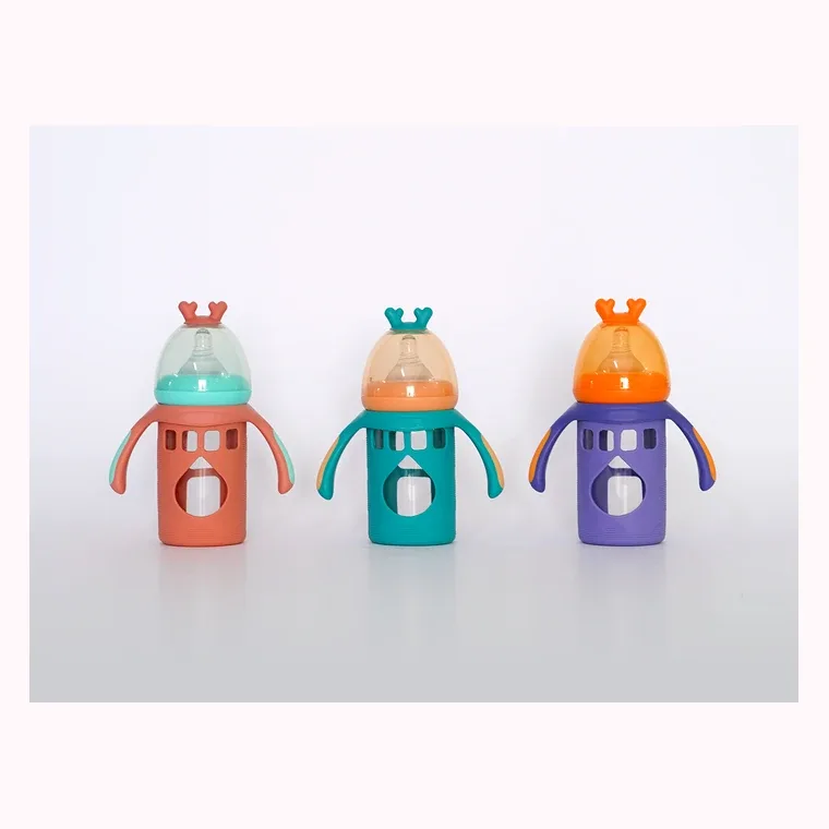 180ml baby bottle with silicone and glass handle, listed in Red,  Blue,  Purple