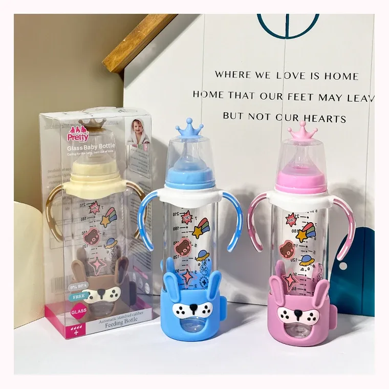240ml standard mouth rabbit silicone set glass with handle large baby bottle, listed in Pink,  Blue, Brown