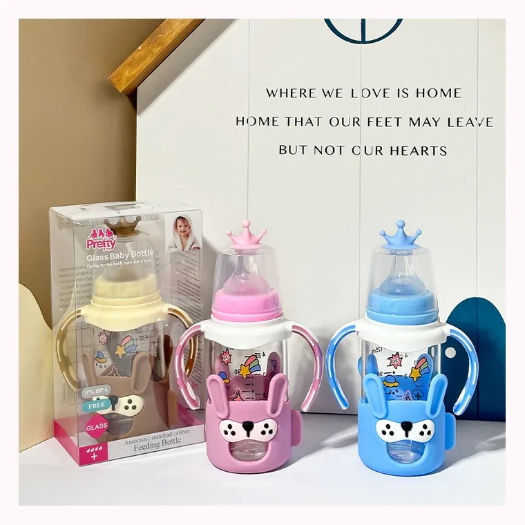 125ml standard mouth rabbit silicone set glass baby bottle with handle, listed in Pink,  Blue, Brown
