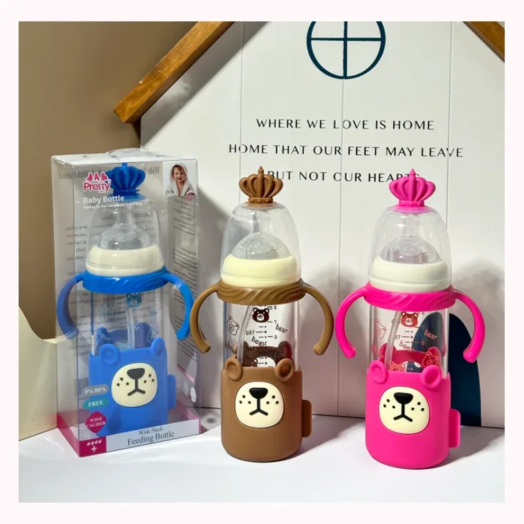 240ml wide mouth bear silicone set glass bottle with handle, listed in Pink,  Blue, Brown