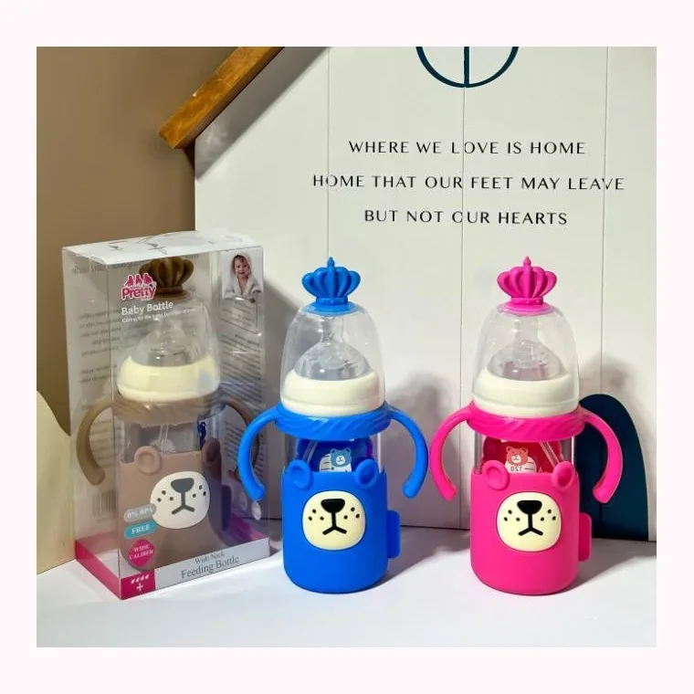 180ml wide mouth bear silicone set glass bottle with handle, listed in Pink,  Blue, Brown