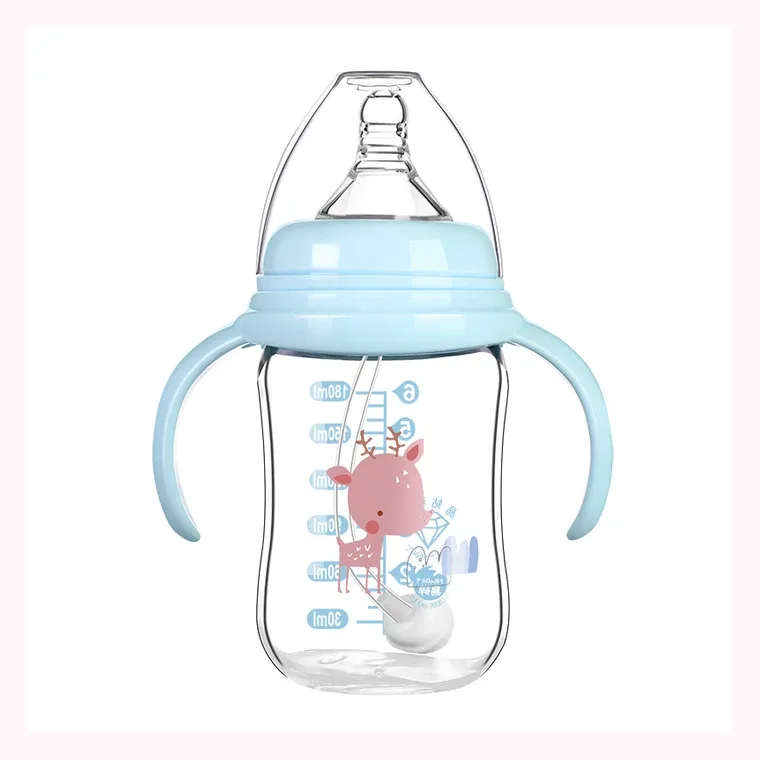 180mL Handle anti-colic crystal glass wide neck small baby bottle, listed in Pink,  Blue