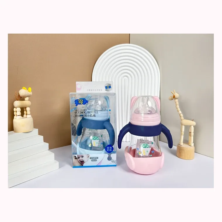 180mL wideneckAnti-fall glass baby bottle with silicone pad, listed in Pink,  Blue,  Green