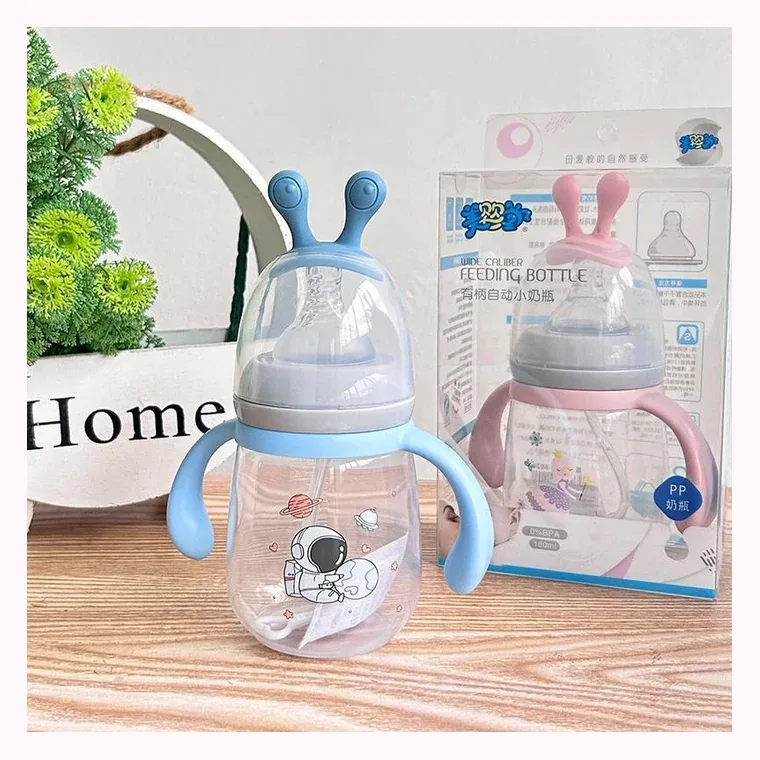 New 180ml anti-colic snail baby bottle with handle, listed in pink, blue