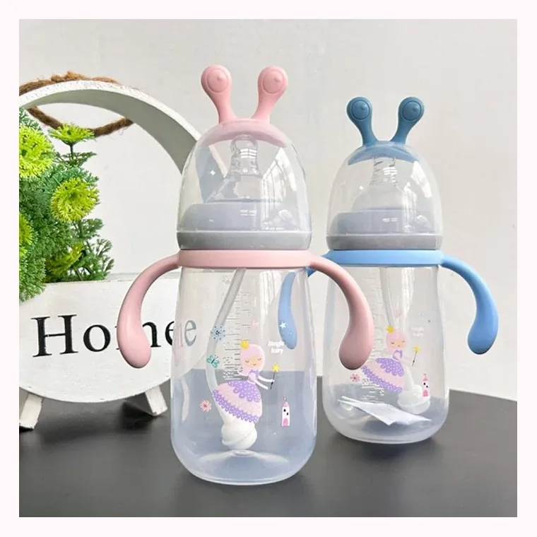 New 300ml anti-colic snail large baby bottle with handle, listed in pink, blue