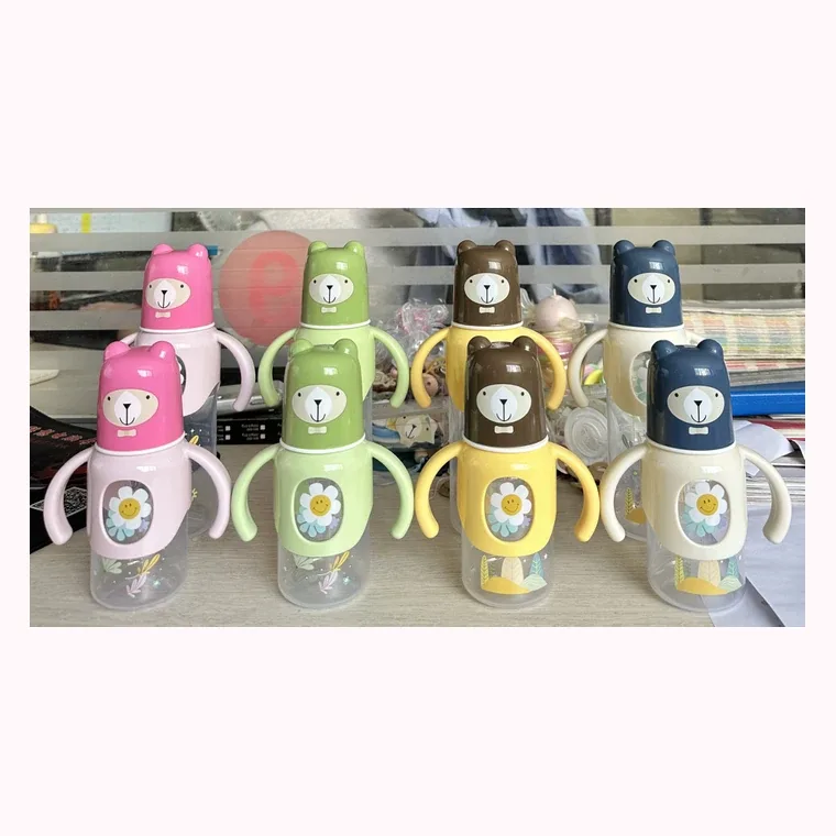 Cartoon wraparound handle 125mL straight large baby bottle, listed in Pink,, green, brownish yellow, blue and white