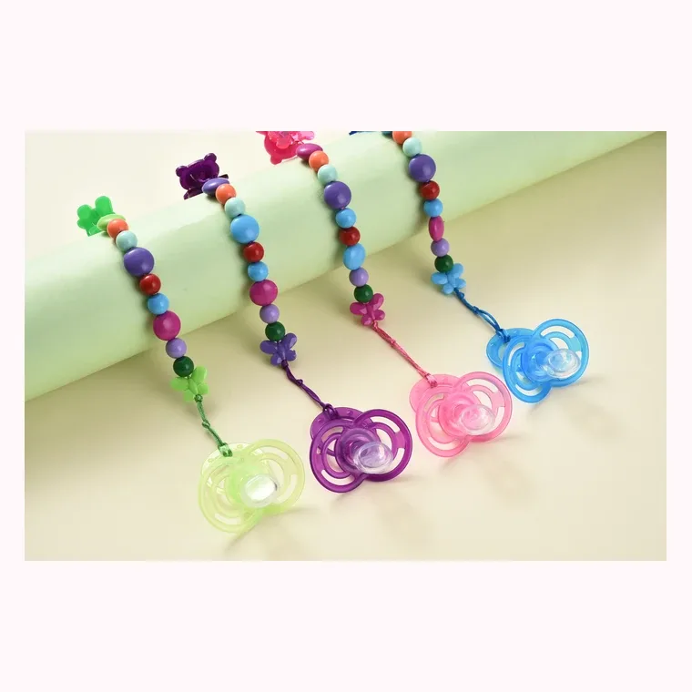 Comfortable pacifier with colorful chains (flat head), listed in pink, blue, green, purple