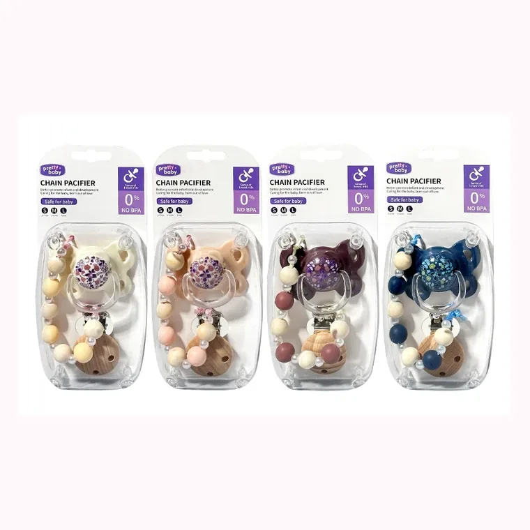 Hardcover wood Pacifier with beaded butterfly Pieces (flat head), listed in Pink,  white, purple,  blue