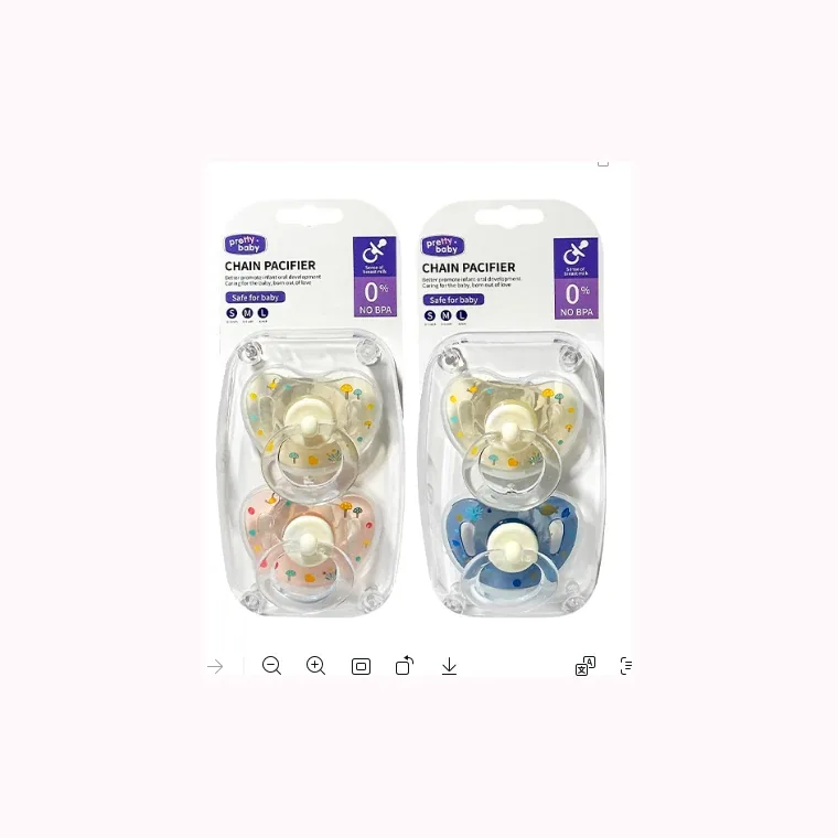 Two small moon-shaped pacifiers (round heads and transparent, listed in pink, blue, white