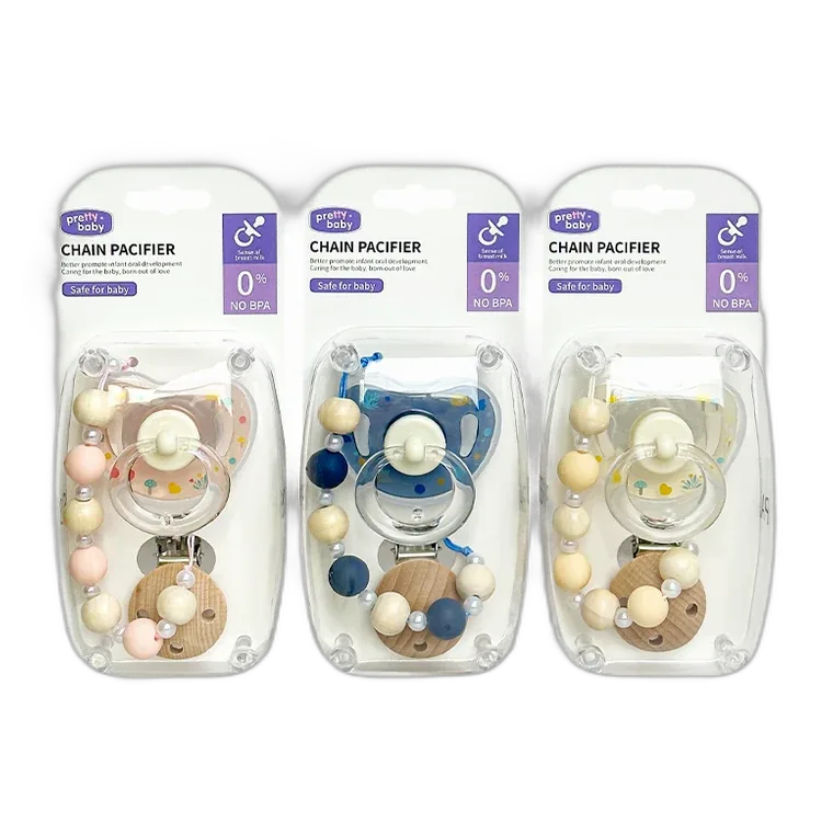 Hardcover wooden beaded chain small moon pacifier (round head transparent ）, listed in pink, blue, white
