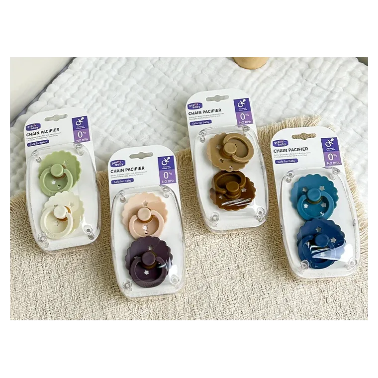 Hardcover flower-shaped pacifiers (2-piece set), listed in pink, blue, green, brown, white