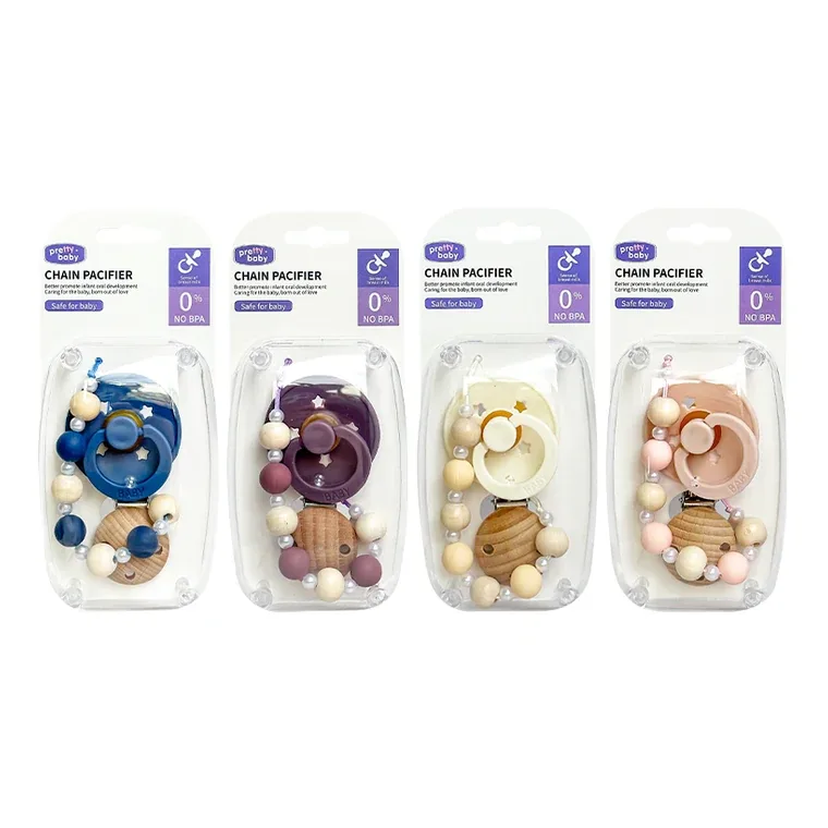 A round pacifier with a hardcover wooden beaded chain, listed in pink, blue, green, purple, white