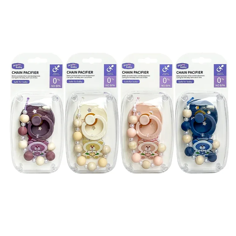 A fine, transparent, beaded chain round pacifier, listed in pink, blue, green, purple, white