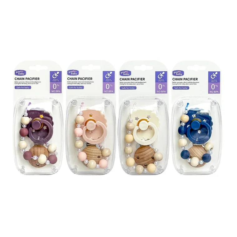 A hardcover wooden beaded chain lace-shaped pacifier, listed in pink, blue, green, purple, white
