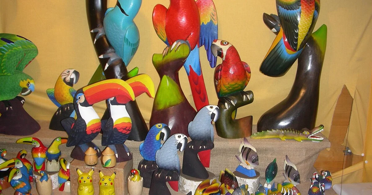 Blue and yellow wooden toys at display